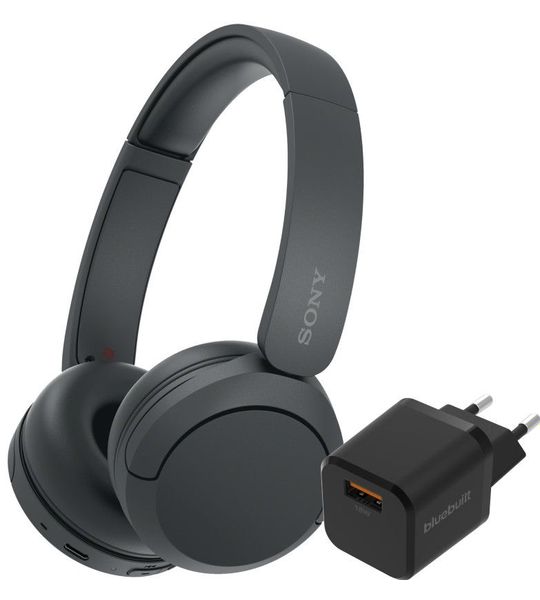 Sony WH-CH520 Zwart + BlueBuilt Quick Charge Oplader met Usb A Poort 18W Zwart