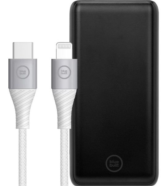 BlueBuilt Powerbank met Snelladen 10.000 mAh + Lightning Kabel 1,5m Nylon Wit