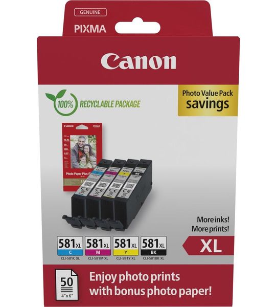 Canon CLI-581XL 4-pack met fotopapier zwart en kleur