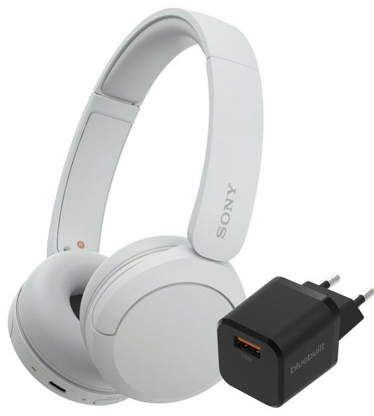 Sony WH-CH520 Wit + BlueBuilt Quick Charge Oplader met Usb A Poort 18W Zwart