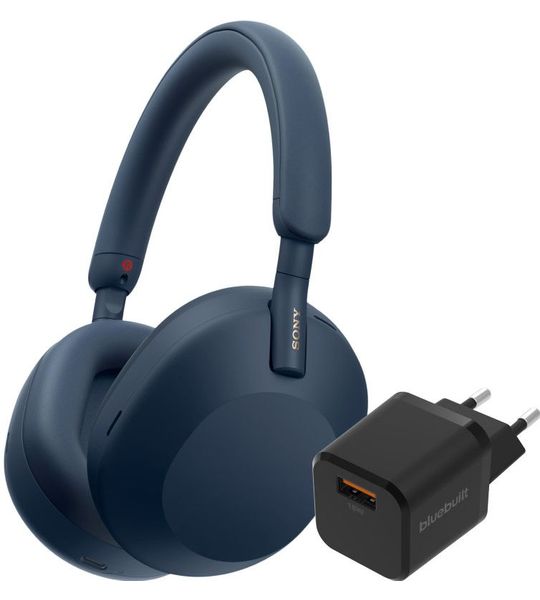 Sony WH-1000XM5 Blauw + BlueBuilt Quick Charge Oplader met Usb A Poort 18W Zwart