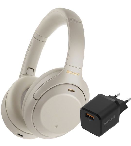 Sony WH-1000XM4 Zilver + BlueBuilt Quick Charge Oplader met Usb A Poort 18W Zwart
