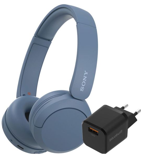 Sony WH-CH520 Blauw + BlueBuilt Quick Charge Oplader met Usb A Poort 18W Zwart