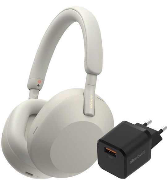 Sony WH-1000XM5 Zilver + BlueBuilt Quick Charge Oplader met Usb A Poort 18W Zwart