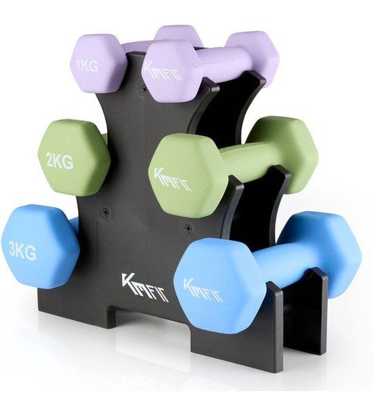 KM-Fit halterset 12 kg | Neopreen dumbbells 1–3 kg met standaard | Home Gym