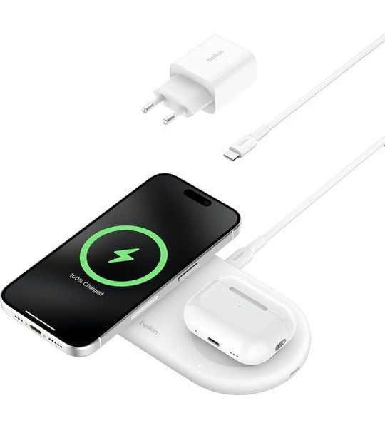 Belkin Belkin 2in1 Qi2 15w Magnetic Charging Pad Wit - Geschikt Voor Magsafe Draadloze Oplader