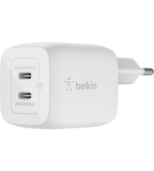 Belkin Boostcharge Pro 45 Watt Dual Usb-c Gan Charger Wit