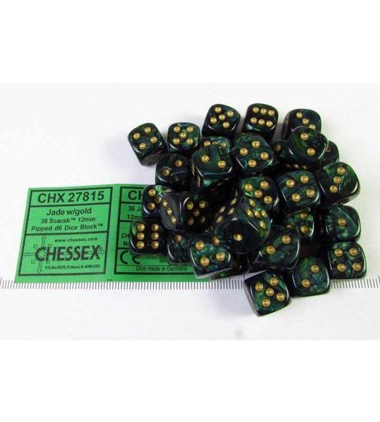 Chessex Scarab Jade/gold D6 12mm Dobbelsteen Set (36 stuks)
