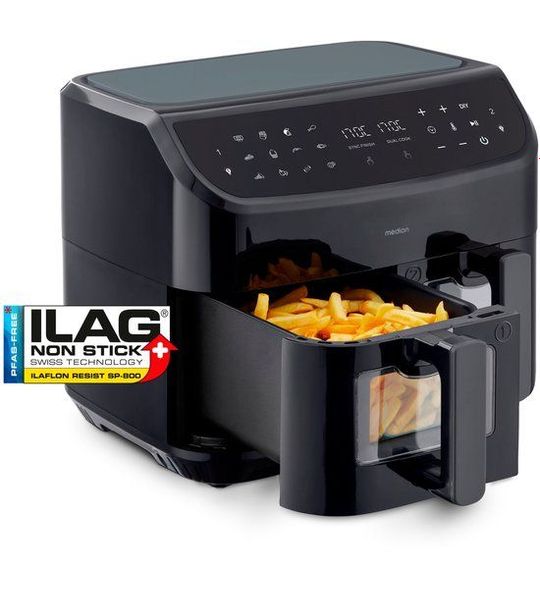 MEDION XXL Dubbele Airfryer P20 - 2 zones - 8,7 L - 2600 W - Zwart