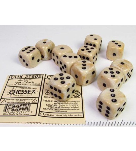 Chessex Marmer Ivoor/zwart D6 16mm Dobbelsteen Set (12 stuks)