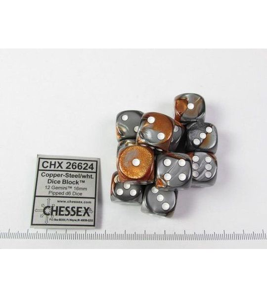 Chessex Gemini koper-staal/wit D6 16mm Dobbelsteenset (12 stuks)