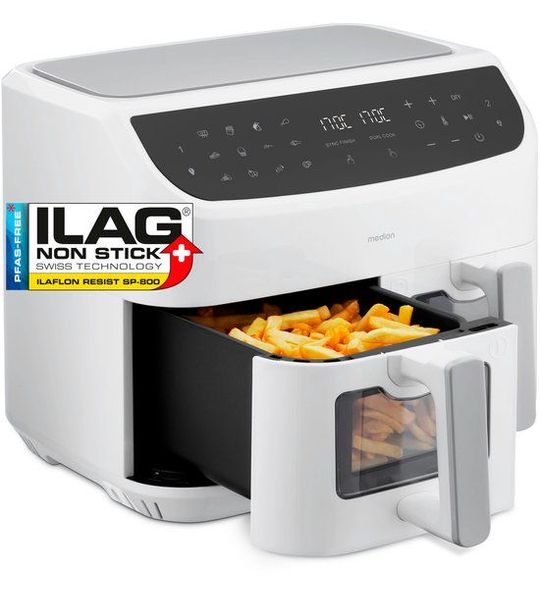 MEDION XXL Dubbele Airfryer P20 - 2 zones - 8,7 L - 2600 W - Wit