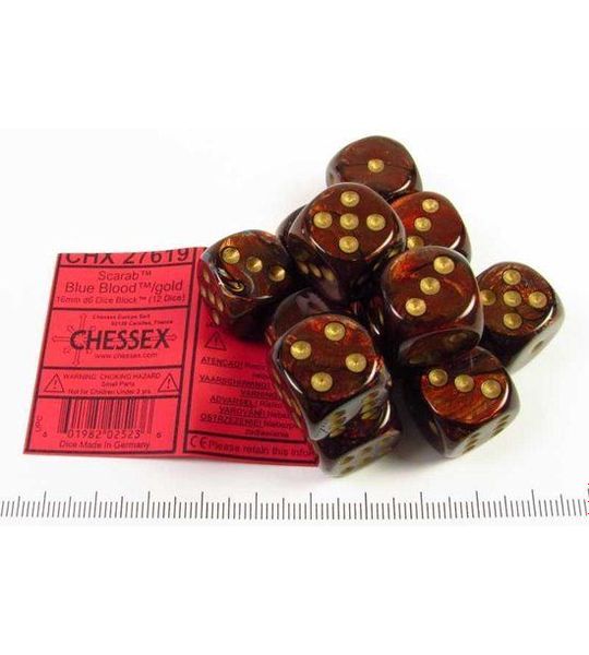 Chessex Scarab blauw bloed/goud D6 16mm Dobbelsteen Set (12 stuks)