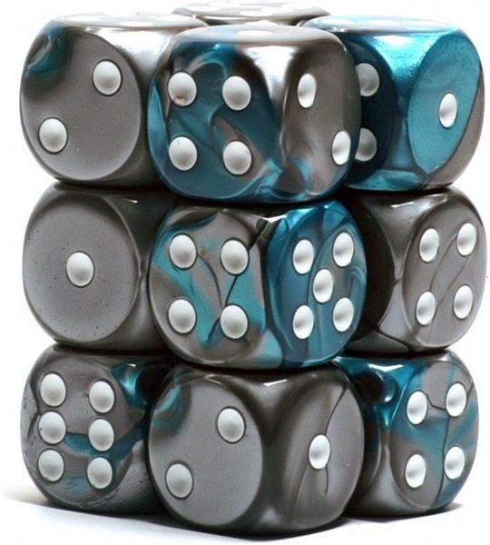 Chessex Gemini Staal-Teaal/wit D6 16mm Dobbelsteen Set (12 stuks)