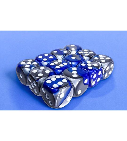 Chessex Gemini Blauw-Staal/wit D6 16mm Dobbelsteen Set (12 stuks)