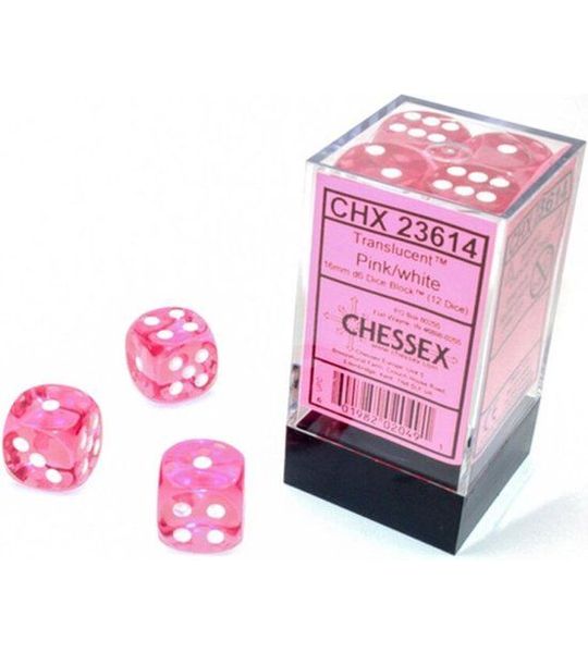 Chessex Translucent Pink/white D6 16mm Dobbelsteen Set (12 stuks)
