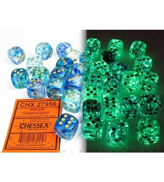 Chessex Nebula Oceanic/gold Luminary D6 12mm Dobbelsteen Set (36 stuks)