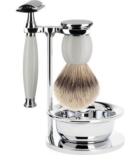 M�hle Safety Razor & Silvertip Scheerset (4-Delig) Sophist Porselein