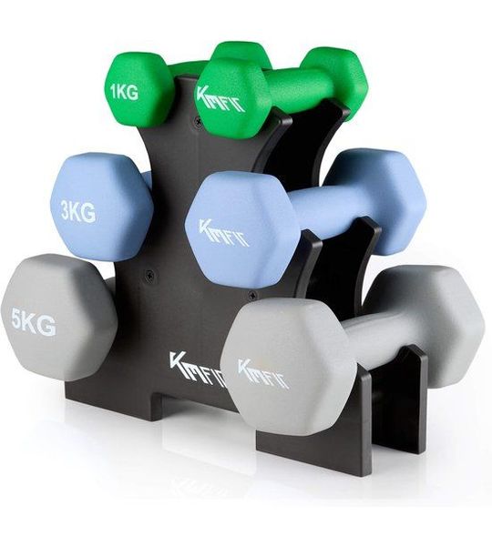 KM-Fit halterset 19 kg | Neopreen dumbbells 1–5 kg met standaard | Home Gym