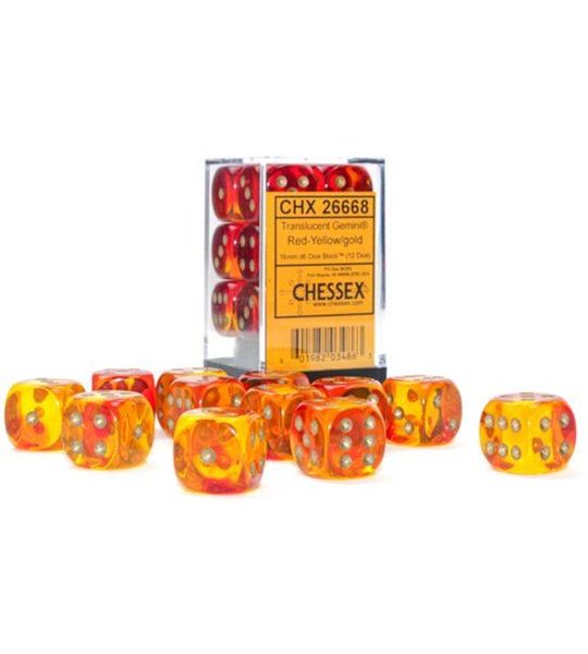 Chessex Gemini Translucent Red-Yellow/gold D6 16mm Dobbelsteen Set (12 stuks)