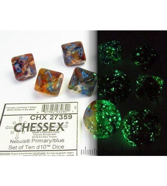 Chessex Nevel primair/blauw lichtgevend D10 Dobbelsteenset (10 stuks)
