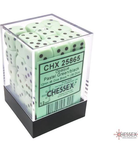 Chessex Opaque Pastel Green/black D6 12mm Dobbelsteen Set (36 stuks)