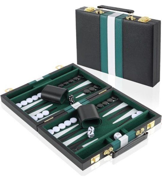 Thuys - Backgammon Koffer – Lederen Bordspel – Reisspel - Zwart met groen