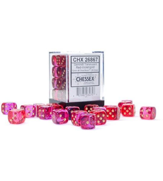Chessex Gemini Translucent Red-Violet/gold D6 12mm Dobbelsteen Set (36 stuks)