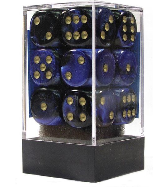 Chessex Tweeling Zwart-Blauw/Goud D6 16mm Dobbelsteen Set (12 stuks)