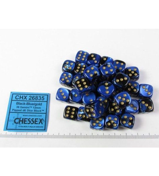 Chessex Gemini Zwart-Blauw/goud D6 12mm Dobbelsteen Set (36 stuks)