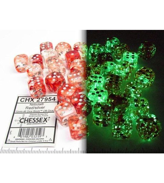 Chessex Nebula Red/silver Luminary D6 12mm Dobbelsteen Set (36 stuks)