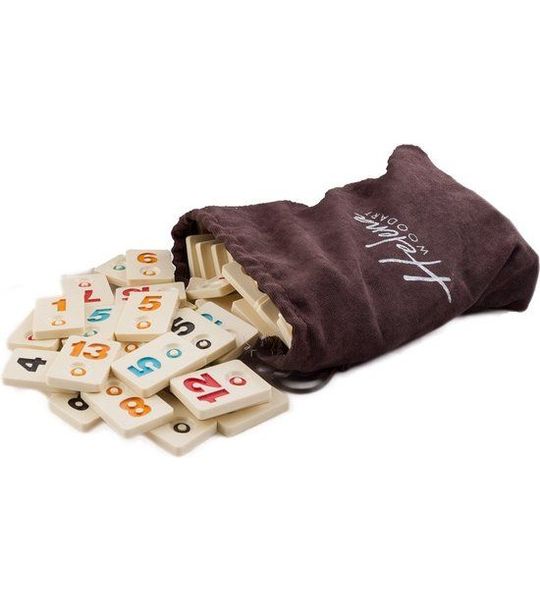 Helena Wood Art Okey Tasi Speelstenen - Melamine in fluwelen zakje - 106 stuks