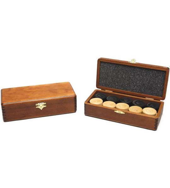 Damstenen blank/zwart in bruin houten klap-kist HOT Games