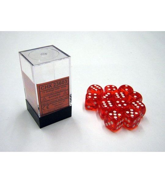 Chessex Doorschijnend Oranje/wit D6 16mm Dobbelsteen Set (12 stuks)