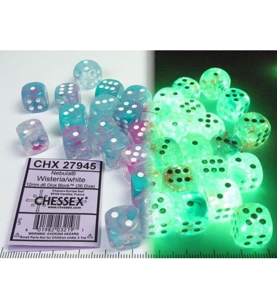 Chessex Nebula Wisteria/white Luminary D6 12mm Dobbelsteen Set (36 stuks)