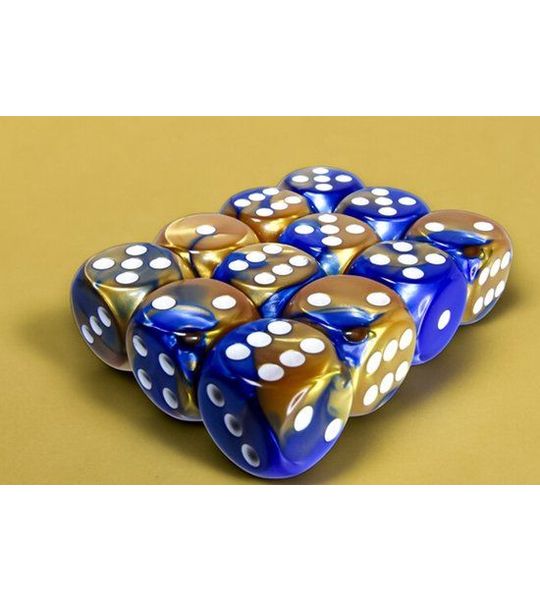 Chessex Gemini Blauw-Goud/Wit D6 16mm Dobbelsteenset (12 stuks)
