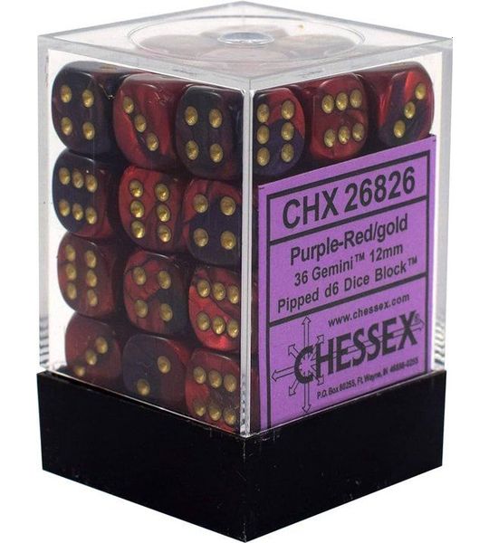 Chessex Gemini Paars-Rood/goud D6 12mm Dobbelsteenset (36 stuks)