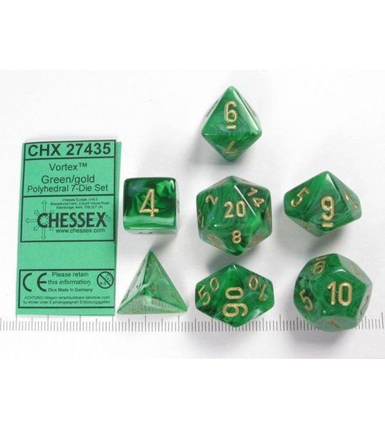 Chessex Vortex Green/gold Polydice Dobbelsteen Set (7 stuks)
