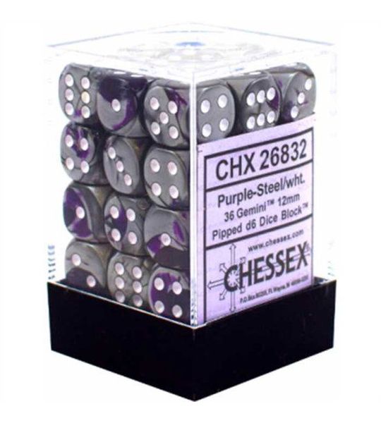 Chessex Gemini Purple-Steel/white D6 12mm Dobbelsteen Set (36 stuks)