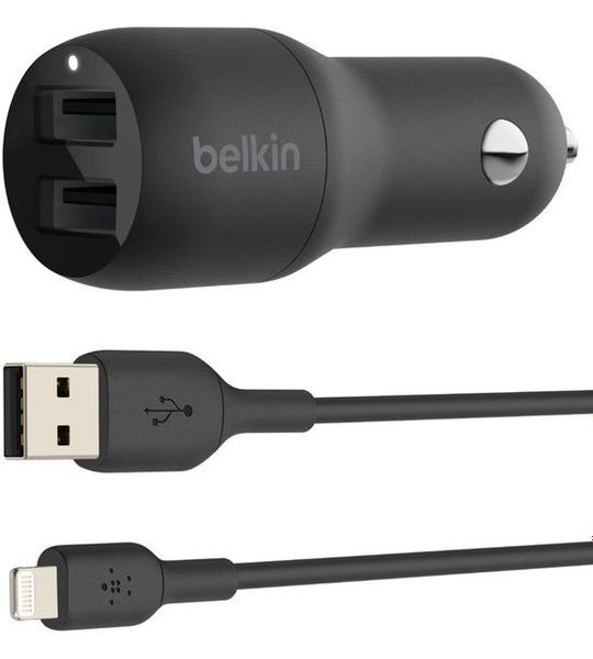 Belkin Dual USB-A Car Charger 24 Watt met PVC USB-A-naar-Lightning-kabel 1 Meter Zwart