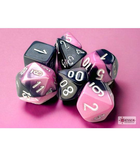 Chessex Gemini Mini-Polyhedral Black-Pink/white Dobbelsteen Set (7 stuks)