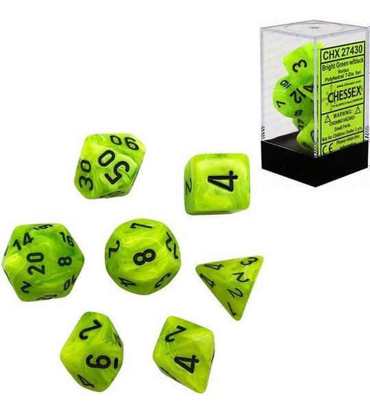 Chessex Vortex helder groen/zwart Polydice Dobbelsteen Set (7 stuks)