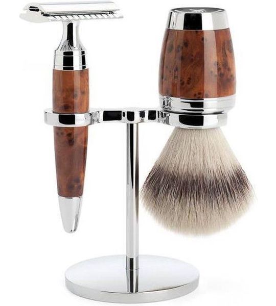 M�hle Safety Razor & Silvertip Fibre Scheerset (3-Delig) Stylo Thuja Wood