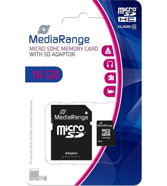 MediaRange MicroSDHC memory card, Class 10, SD adapter, 16GB zwart