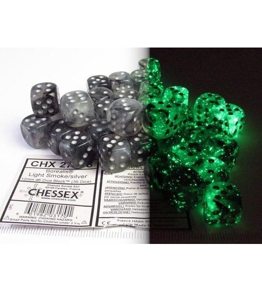 Chessex Borealis D6 12mm Light Smoke/silver Luminary Dobbelsteen Set (36 stuks)