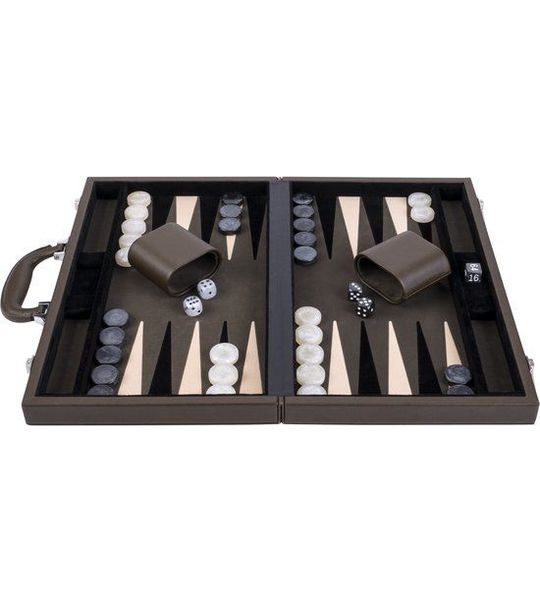 Backgammon 18" Olijfgroen & cream in lederen koffer - Longfield