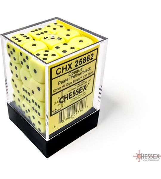 Chessex Opaque Pastel Yellow/black D6 12mm Dobbelsteen Set (36 stuks)