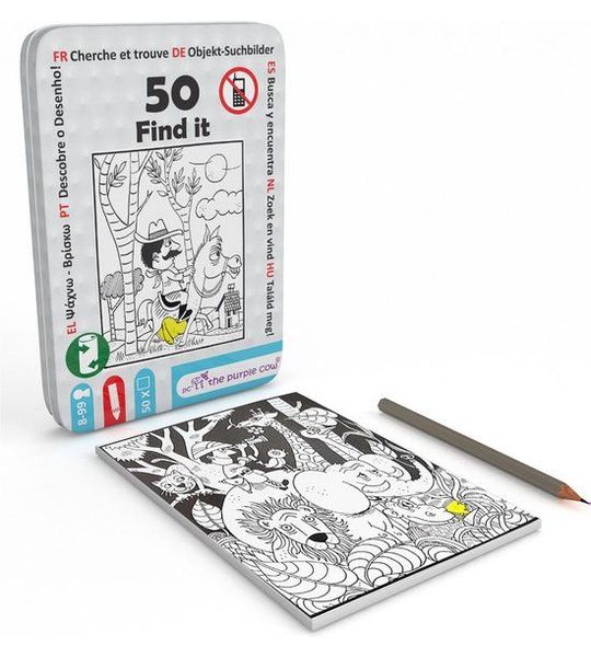 50 zoekplaatjes ; object of personage inclusief potlood. Antwoorden via QRcode