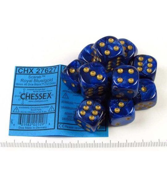 Chessex Scarab Koningsblauw/goud D6 16mm Dobbelsteen Set (12 stuks)