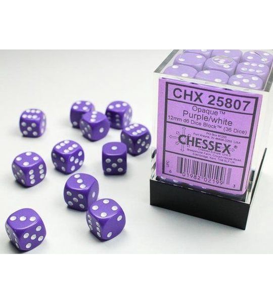Chessex Opaque Purple/white D6 12mm Dobbelsteen Set (36 stuks)
